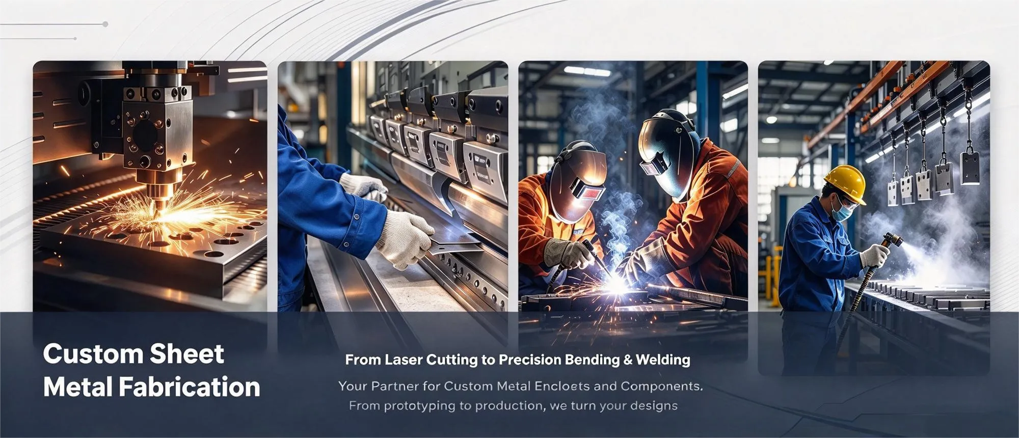 Worker welding metal parts with sparks for custom sheet metal fabrication